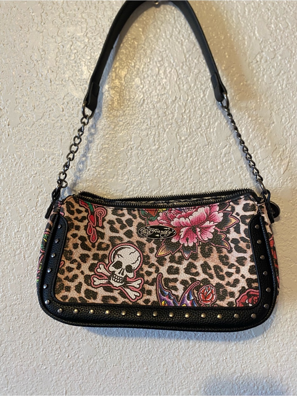 Ed Hardy Leopard & Floral Skull Shoulder Bag